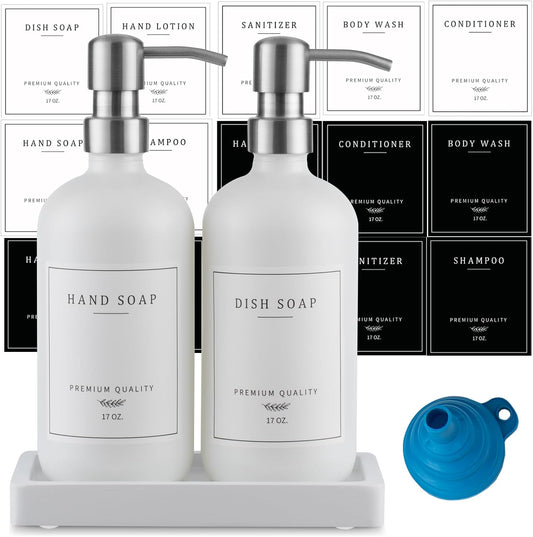 Thick Glass Soap Dispenser - Kitchen Dish Hand Soap Dispenser Set, Rustproof Pump Soap Lotion Dispenser Bathroom with Tray,14 Stickers for Kitchen Decor White Bottle/Silver Pump