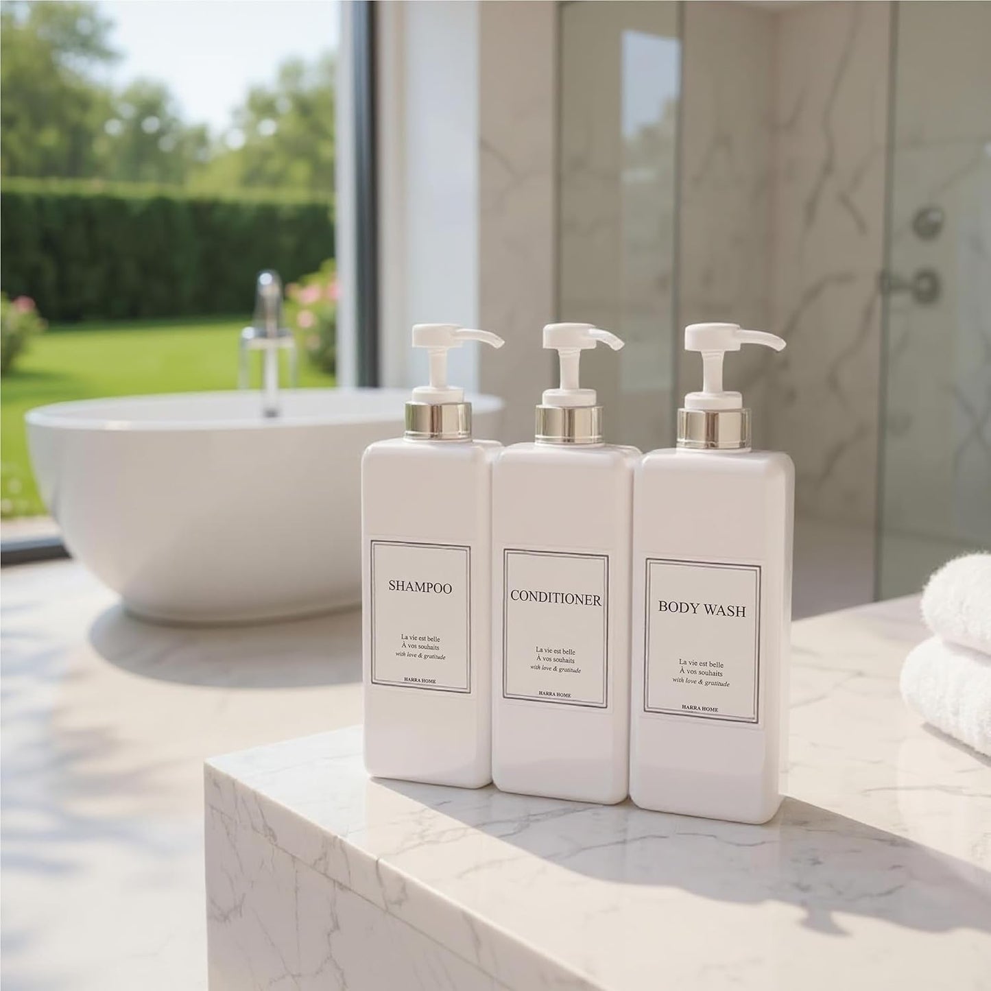 Modern Design Large 27 oz Shampoo and Conditioner Dispensers - Empty Plastic Refillable Pump Bottle Set for Bathroom Shower Soap Dispenser, Set of 3 (White & Silver)