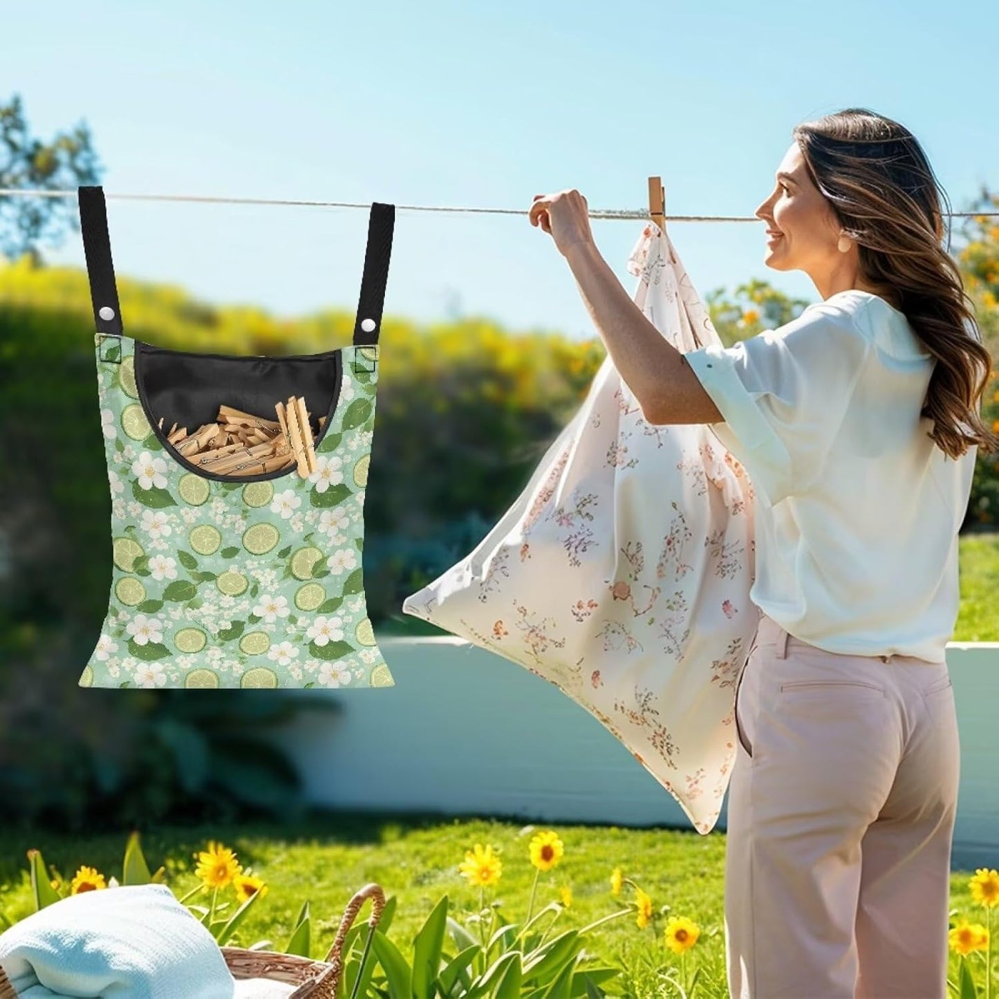 Clothespin Bag for Outdoor Laundry Clothesline and Clothes Pin Holder Clothespin Bag for Clothes Pins Heavy Duty Outdoor Use - Lemons