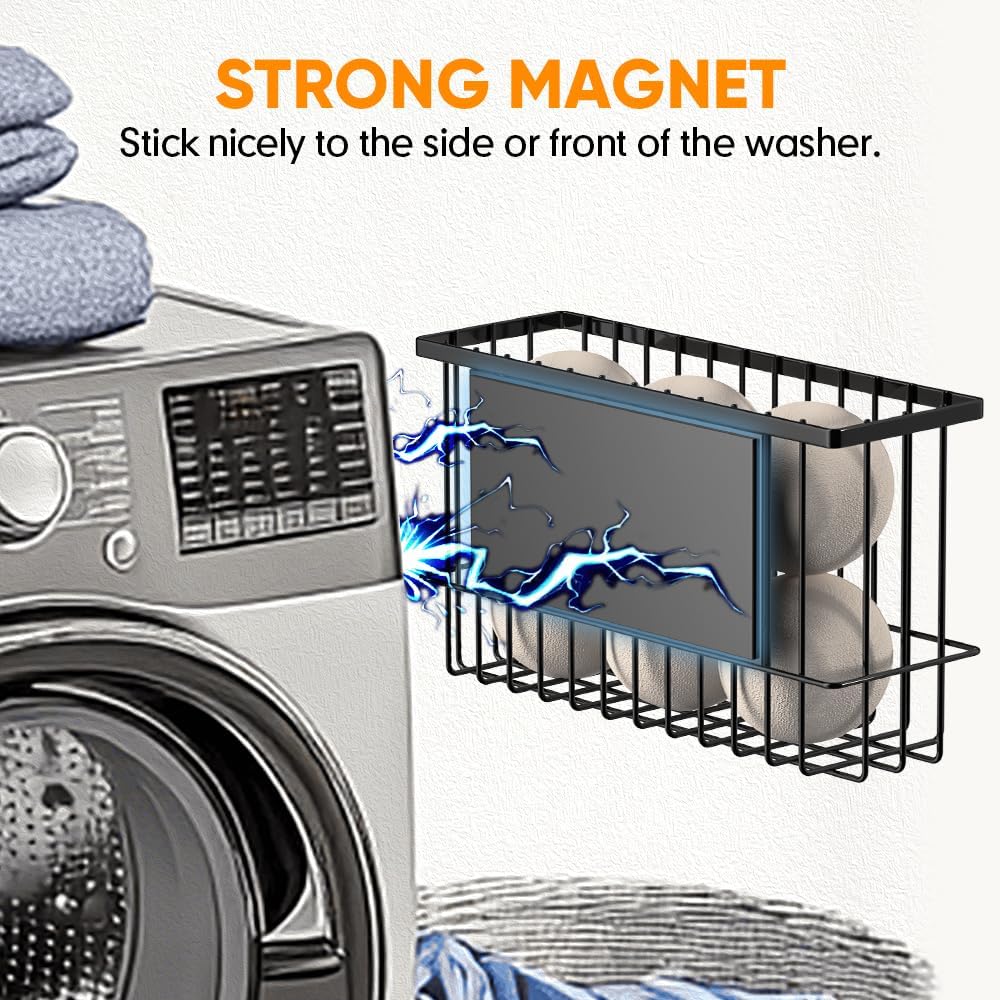 Magnetic Dryer Ball Holder for Laundry Room Organization and Storage, Magnetic Lint Bin for Laundry Room, Iron Dryer Ball Container for Laundry Room Storage (No Balls, Black)