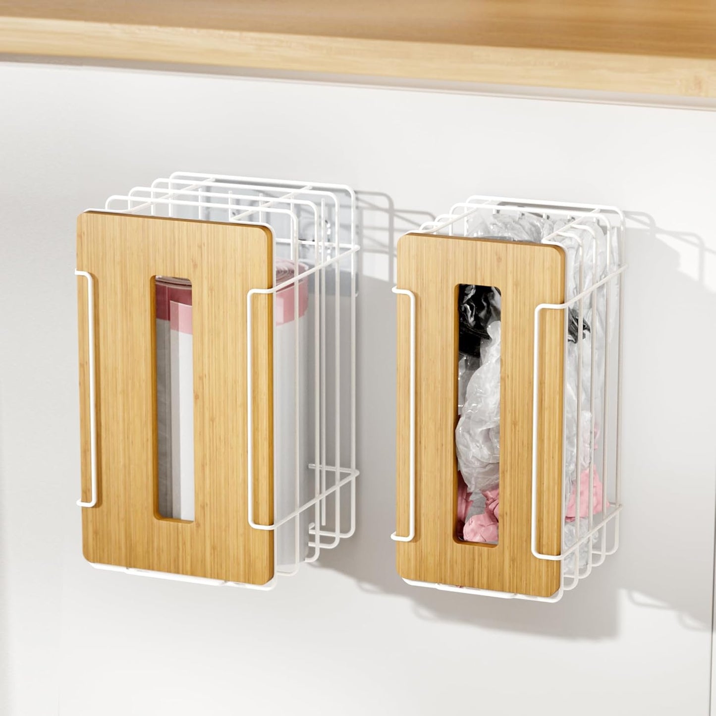 2 Pack Grocery Bag Holder for Plastic Bags - Wall Mount Kitchen Plastic Bag Holders for Grocery Bags - Bag Holder for Kitchen,Under Sink,Pantry and Garage,White