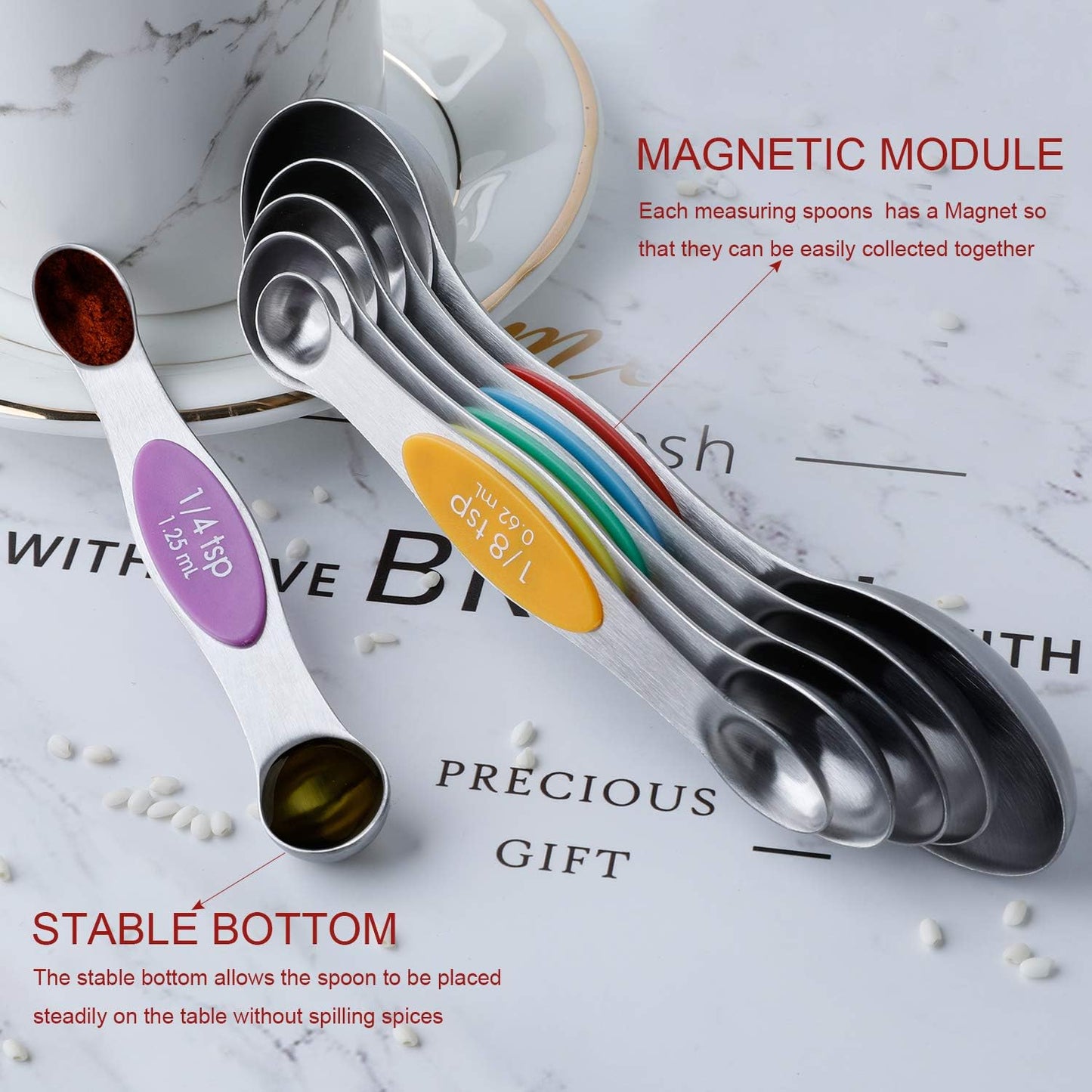 Magnetic Measuring Spoons Set Stainless Steel Stackable Dual Sided Teaspoons and Tablespoons for Measuring Dry and Liquid Ingredients Set of 6