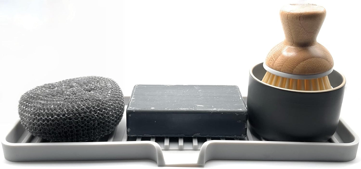 Happitasa Silicone Soap Dish Tray and Sponge Holder with Drain Chute | Bathroom and Kitchen Sink Organizer Caddy (Light Grey, 12"x4", 7.4 Ounces)