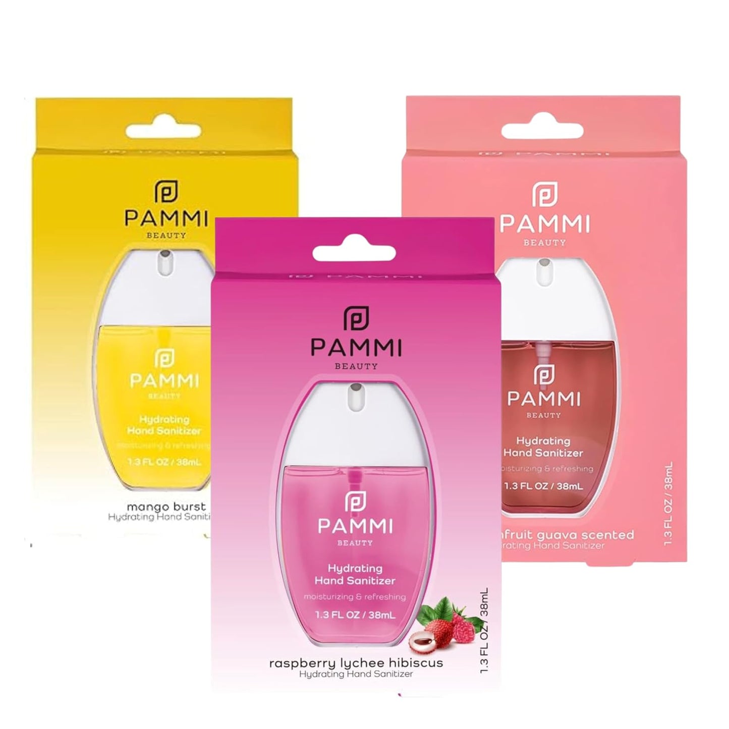 PAMMI Power Mist Hydrating Hand Sanitizer Spray, Portable Travel Size Pocket Hand Sanitizer, Scented Handsanitizer Mini Spray For Car - 600 Sprays (3 Packs (Mango, Guava. Lychee))