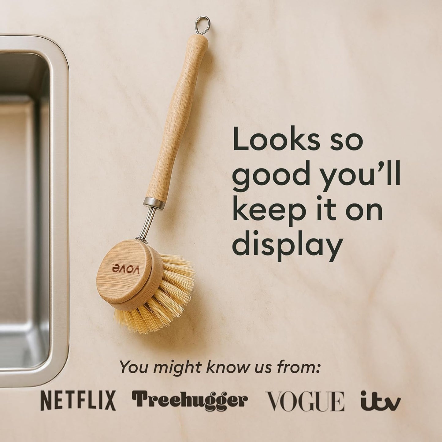 Vove Dish Brush Bundle - FSC-Certified Bamboo Dish Brush & Scrub Brush, 3 Replacement Heads - Natural Fiber Bristles - Non-Toxic, Plastic-Free Kitchen Set