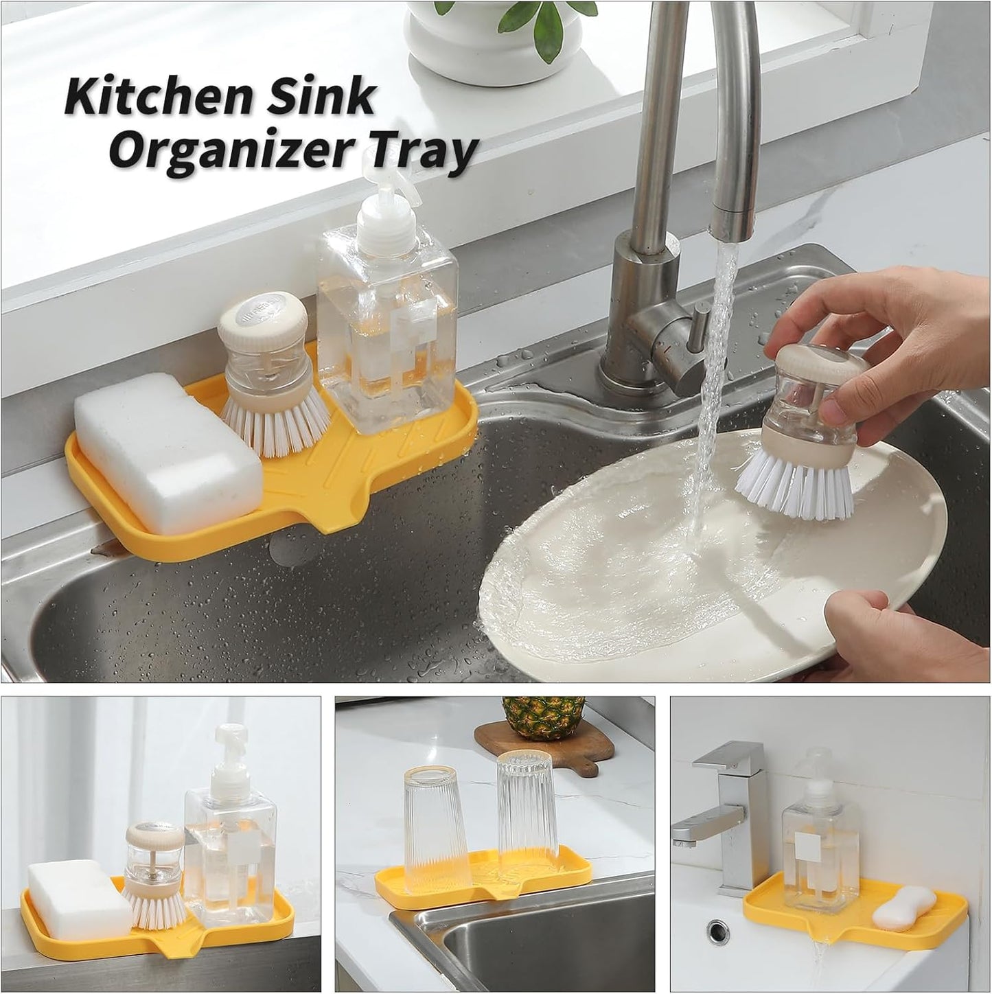 Silicone Bathroom Soap Dishes with Drain Spout-Bathroom and Kitchen Sink Organizer,Sponge Holder,Dish Soap Tray,Perfect for Dispenser,Scrubber,Bottle,Cup on Sink or Counter-Yellow 9.6"×5.3"