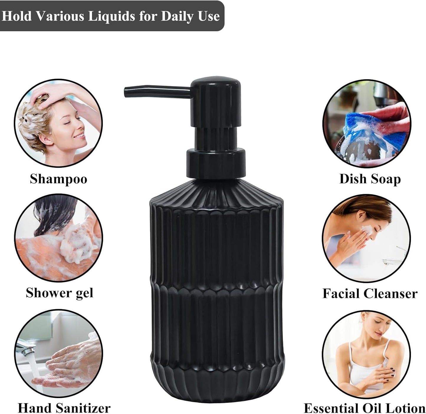 Black Glass Soap Dispenser with Pump, 15oz Refillable Liquid Hand Soap Dispenser, Lotion Dish Soap Dispenser for Modern Home Decor, Bathroom, Kitchen Countertop, Hotel