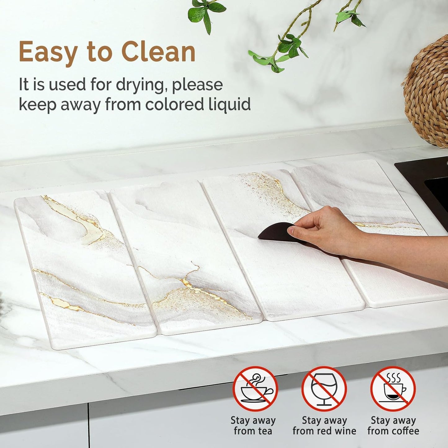 2 PCS Large Stone Dish Drying Mat for Kitchen Counter Quick Dry Stone Dishes Mats Marbled Water Absorbing Diatomaceous Earth Drying Pad for Countertop Bottles Utensils Cups (Gold White 24"x16"&8"x4")