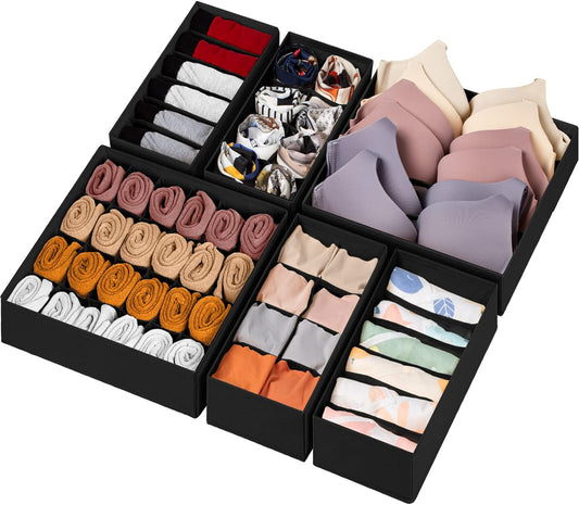6 Pack Sock Underwear Drawer Organizer Dividers, 58 Cell Foldable Fabric Dresser Closet Organizers and Storage Bins for Clothing, Baby Clothes, Bra, Panty, Scarf, Ties (Black)