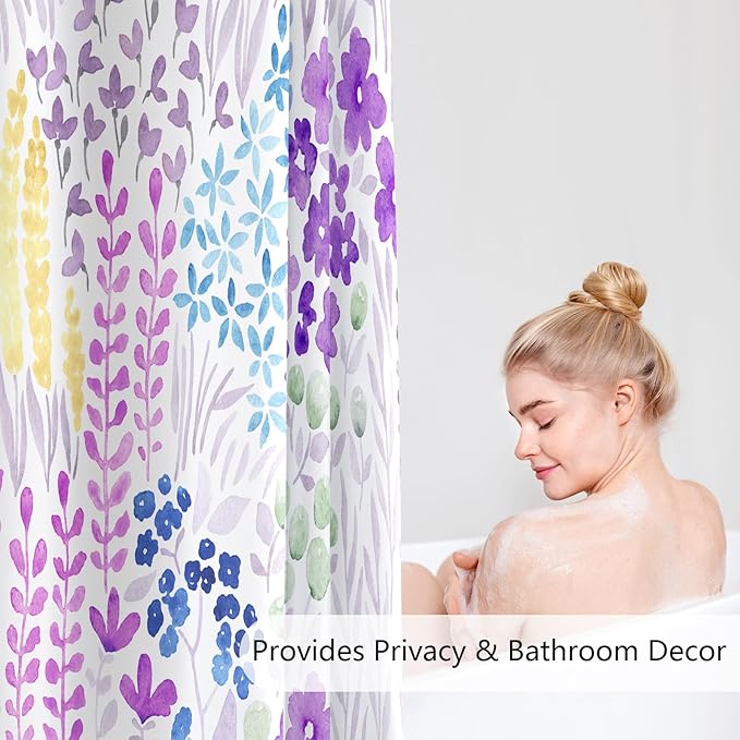 Extra Long Shower Curtain 72 x 84 Inch, Tall Purple Floral Shower Curtain for Bathroom, Colorful Wildflower Boho Cottagecore Fabric Shower Curtain Set with Hooks, Lavender Purple