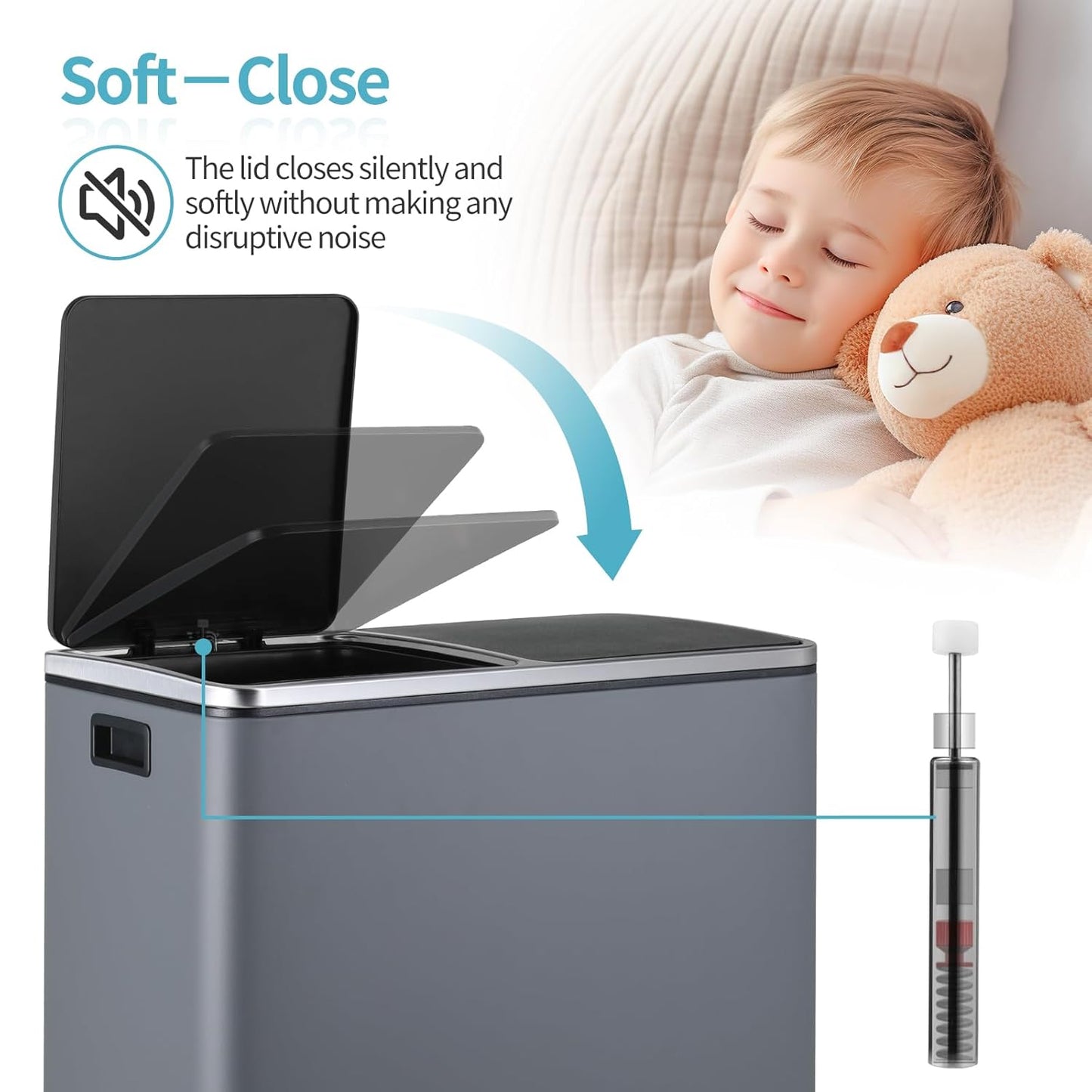 16 Gallon Rectangular Stainless Steel Trash Can, Dual Compartment Garbage Bin with Recycling Combo, Metal Dustbin Lid, Removable Liner, Indoor Hands Free Waste Bucket for Kitchen Home