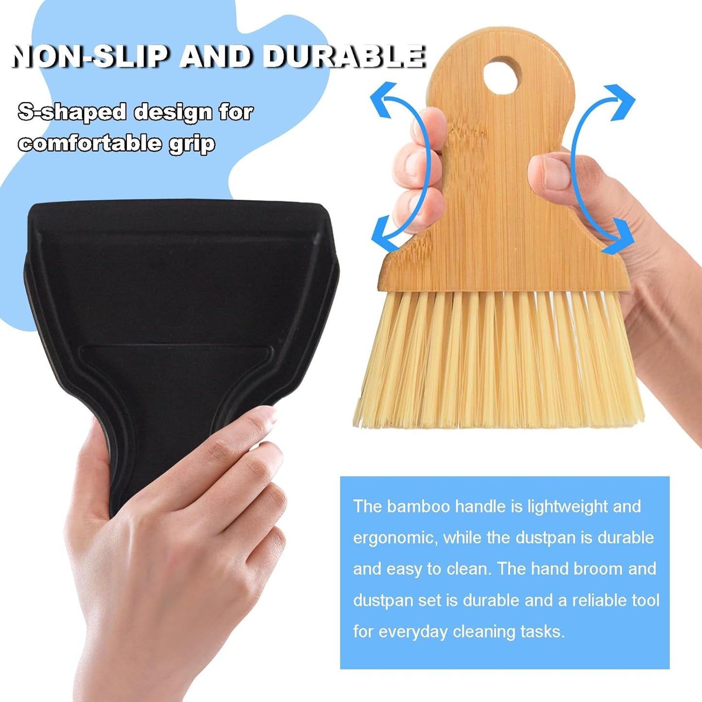 Mini Broom and Dustpan Set Portable Hand Broom with Bamboo Handle Small Crumb Sweeper for Home, Bathroom, Kitchen, Car Interior, Office, Pet Areas (Black)