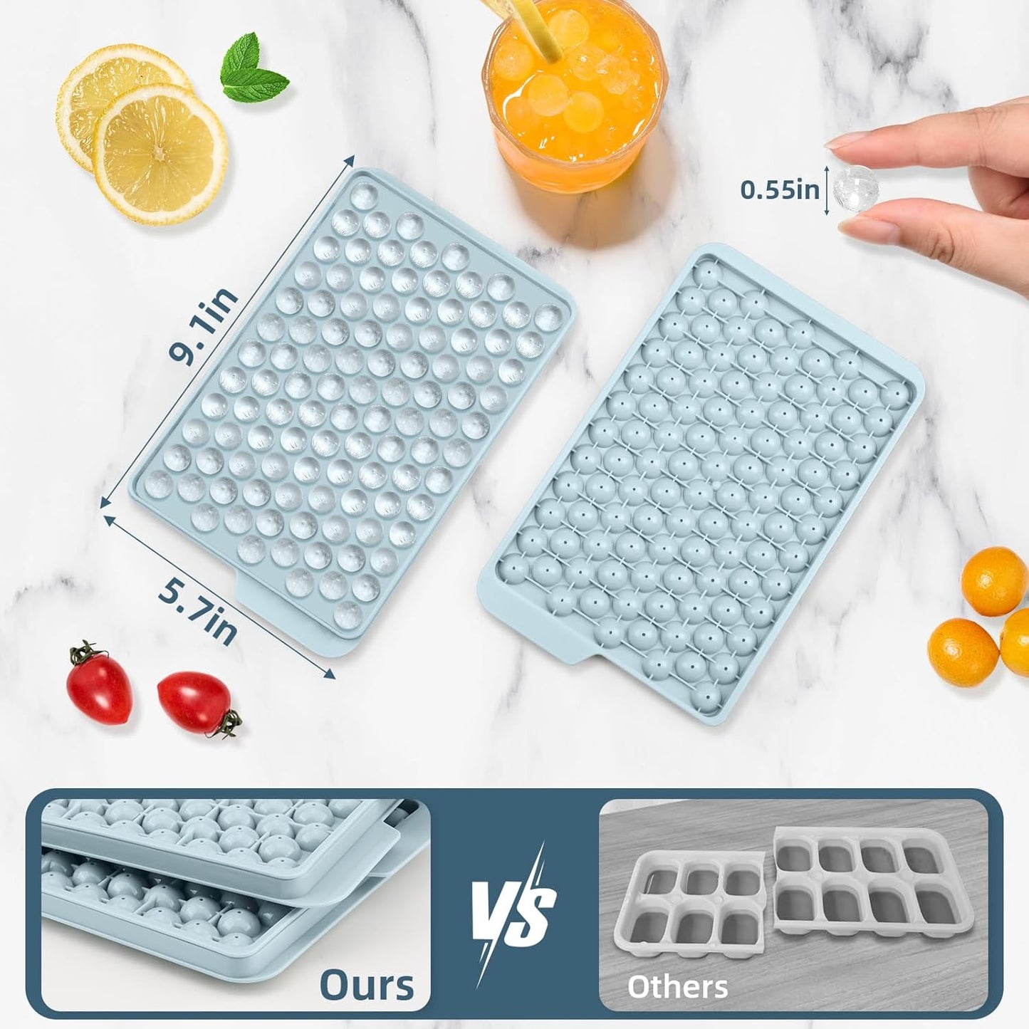 WIBIMEN Mini Ice Cube Trays, Small Tiny Round Pebble Crushed Nugget Ice Trays for Freezer with Lid - Chilling Drinks Coffee Juice(4 Pack/0.55In - Blue)