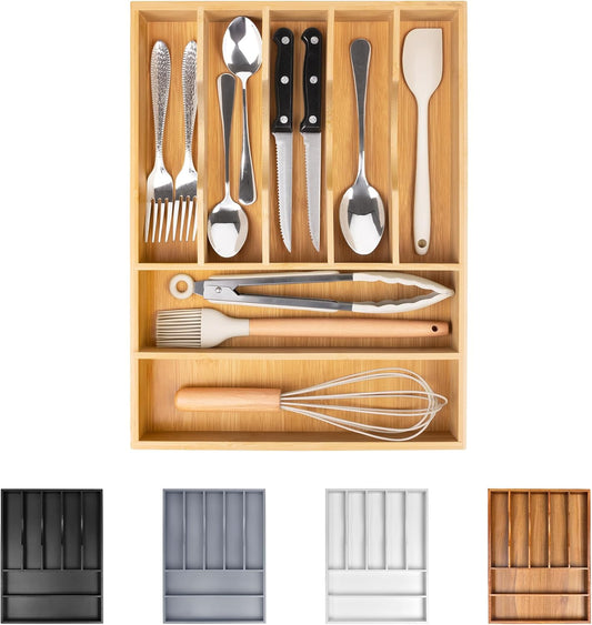 Bellsal Bamboo Silverware Drawer Organizer, Kitchen Utensil Drawer Organizers, 12"x15.7" Utensils Holder Cutlery Tray with Grooved Drawer Dividers for Kitchen Flatware Bedroom Office(7 Slot, Natural)