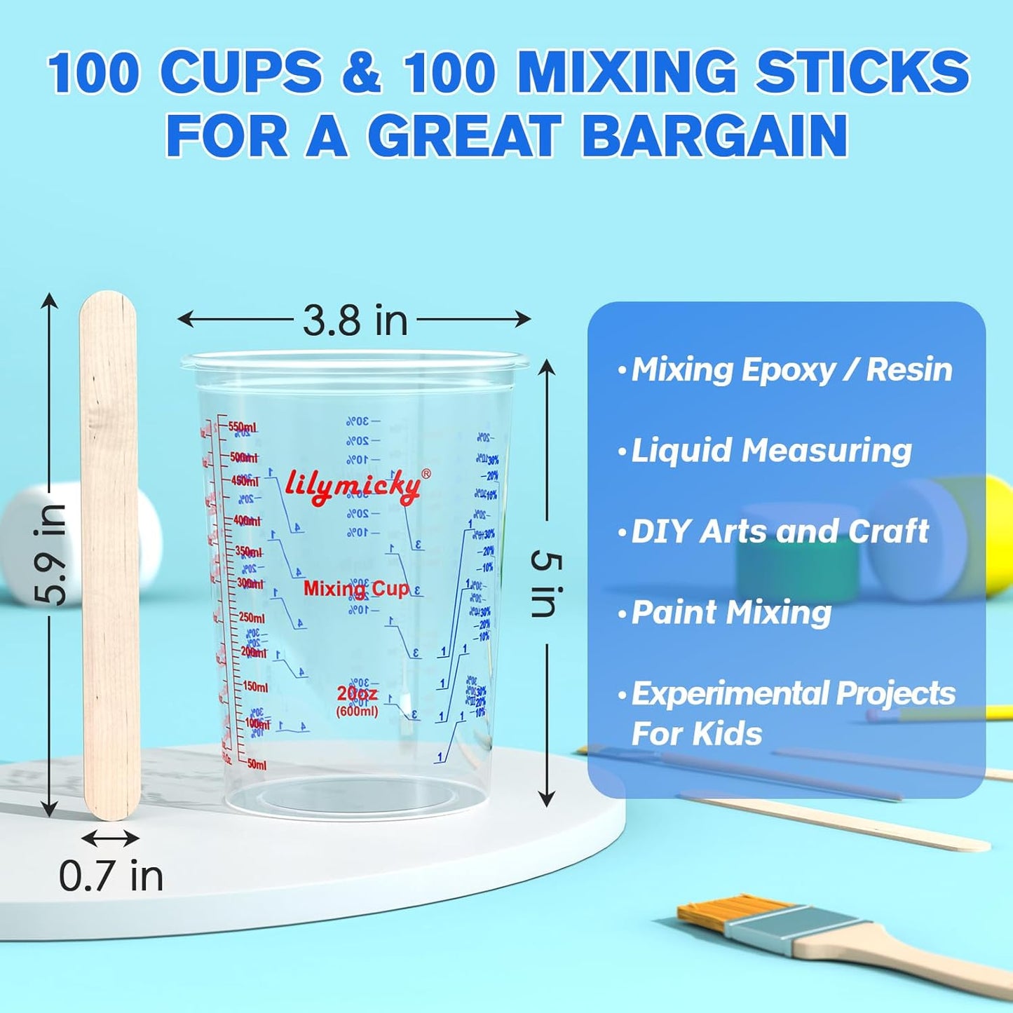 100 Pack Plastic Mixing Cups, 20 oz (600ml), Disposable Measuring Cups with 50 Wooden Mixing Sticks, Measurement ratios: 2:1, 3:1, 4:1, Suitable for Epoxy Resin, Liquid Measuring, and Paint