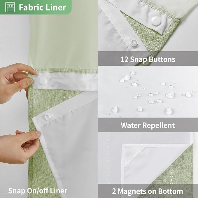No Hook Stall Shower Curtain with Snap-in Fabric Liner - 54x80 Heavy-Duty Linen Textured Striped Design,Narrow Rustic Modern Farmhouse Bohemian Bathroom Curtain,Water-Repellent,Sage Green