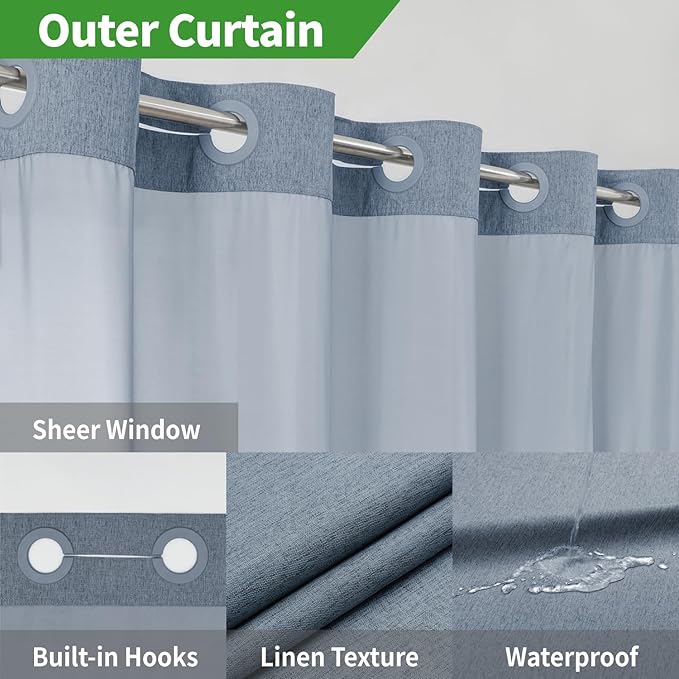 Stall No Hooks Needed Linen Textured Shower Curtain with Snap-in Fabric Liner Set,Hotel Luxury Decor Shower Curtains for Bathroom,Waterproof & Washable,60Wx74H,Blue Grey