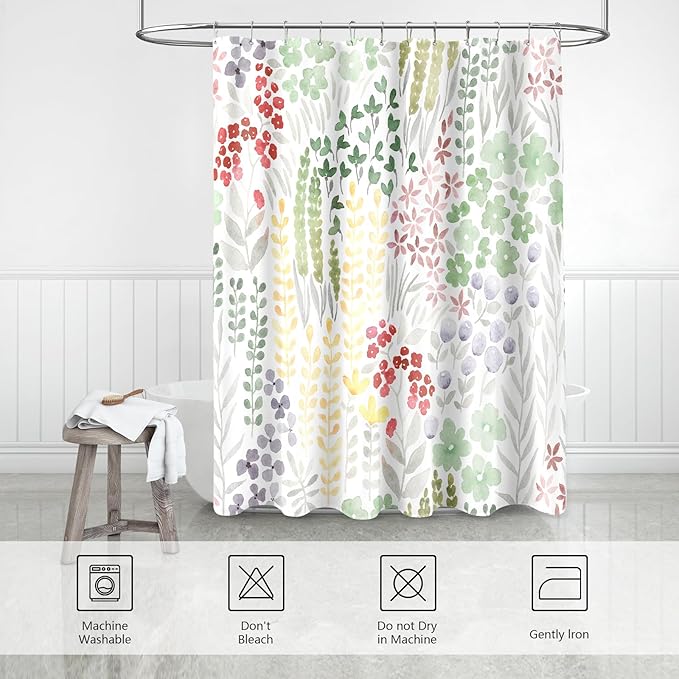 Long Shower Curtain 72 x 78 Inch, Tall Cute Floral Shower Curtain for Bathroom, Sage Green Wildflower Boho Cottagecore Fabric Shower Curtain Set with Hooks