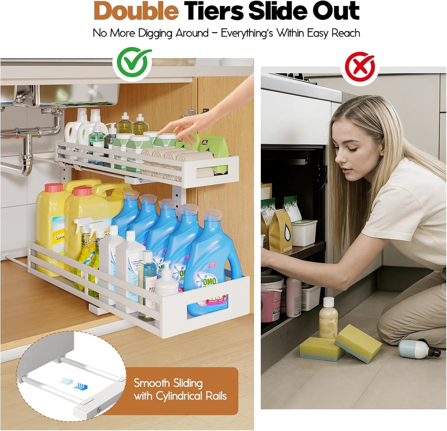 2-Pack 20.47"Deep Under Sink Organizer And Storage,2-Tier L-Shaped Pull Out Cabinet Organizer with Upgraded Slide Rails,Height Adjustable Drawers for Kitchen&Bathroom,Extra-Large Storage Shelves–White