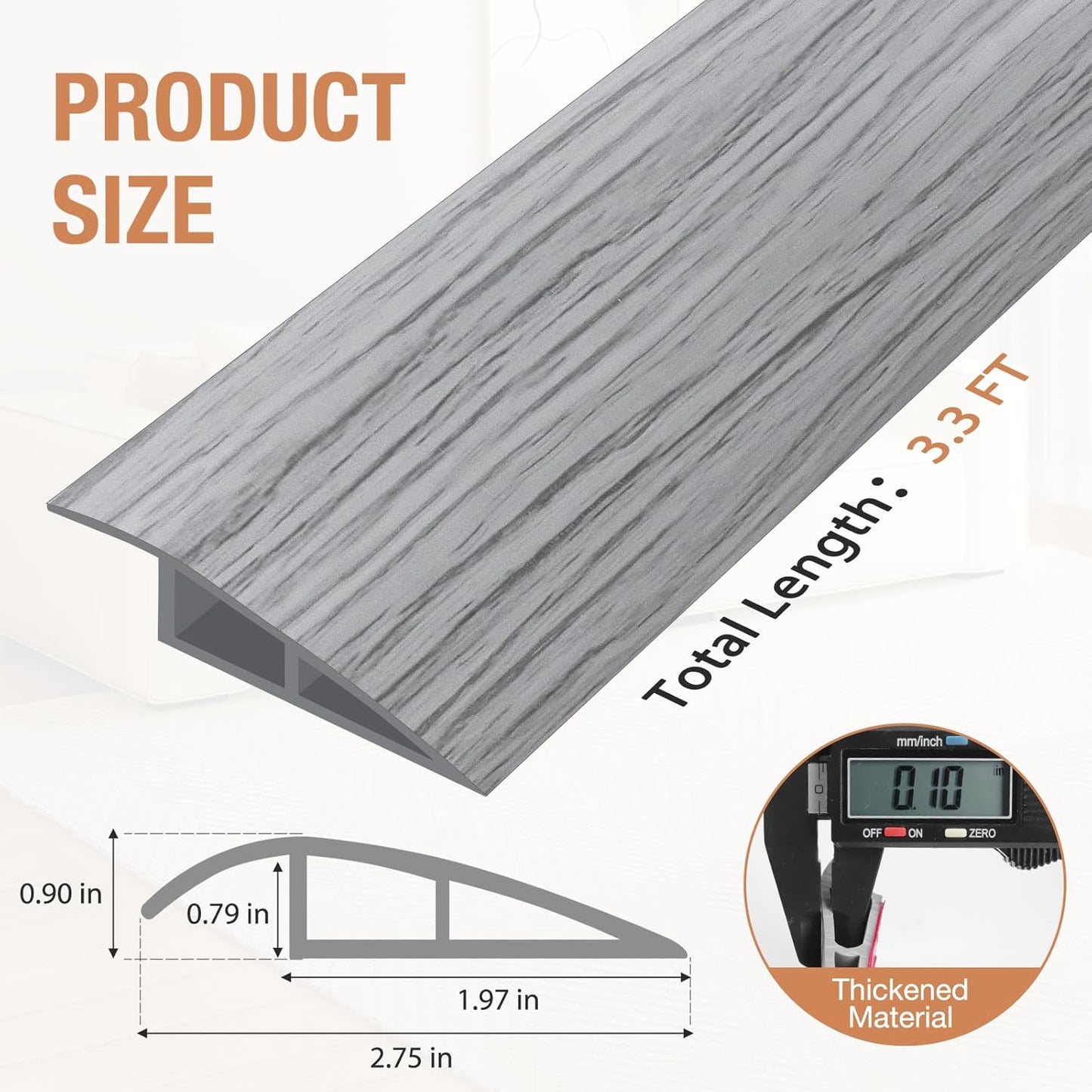Floor Transition Strip Self Adhesive Vinyl Door Threshold for Doorways Carpet Edging Trim Overlap Edge Reducer for Laminate Floor, Carpet, Tile (Light Gray Wood Grain, 3/5" to 4/5", 3.3Ft)