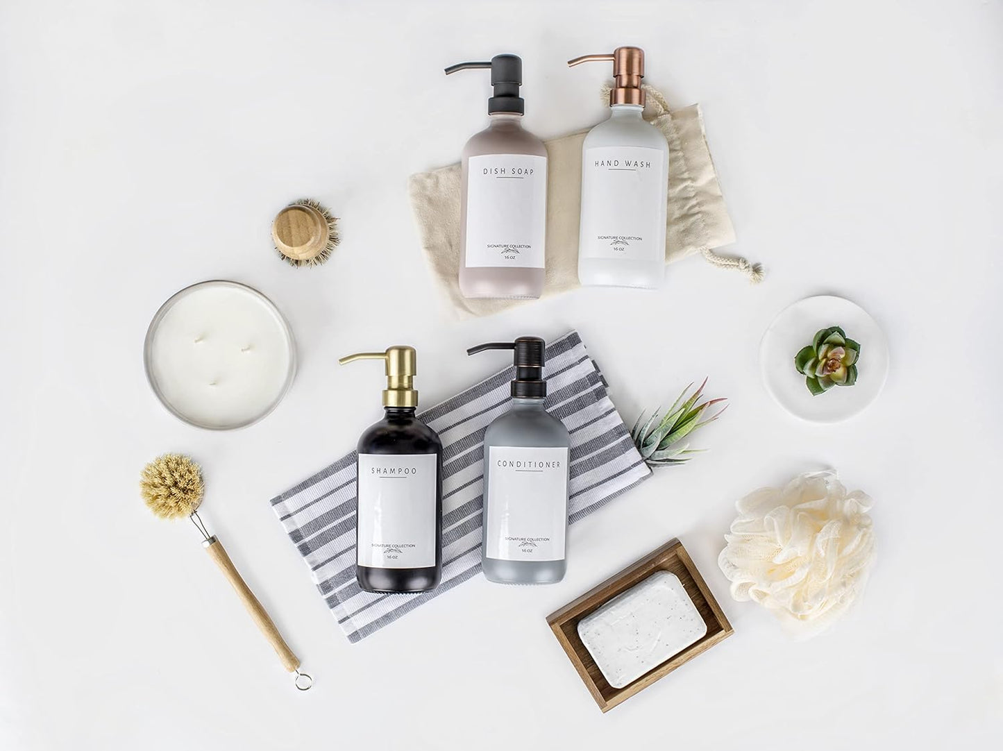 Emerson Soap Dispenser, Dish Soap Dispenser for Kitchen, Soap Dispenser Bathroom Set, Hand Soap Dispenser, Kitchen Soap Dispenser Set, Glass Soap Dispenser with Pump and Labels - 16 Oz - 2 Pack