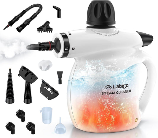 LABIGO Steam Cleaner, Pressurized Handheld 13pcs Multi-Purpose Natural Deep Cleaning Steamer, Portable Steamer for Cleaning Home, Grout, Kitchen, Car, Window, Upholstery, Bathroom and Clothes, White