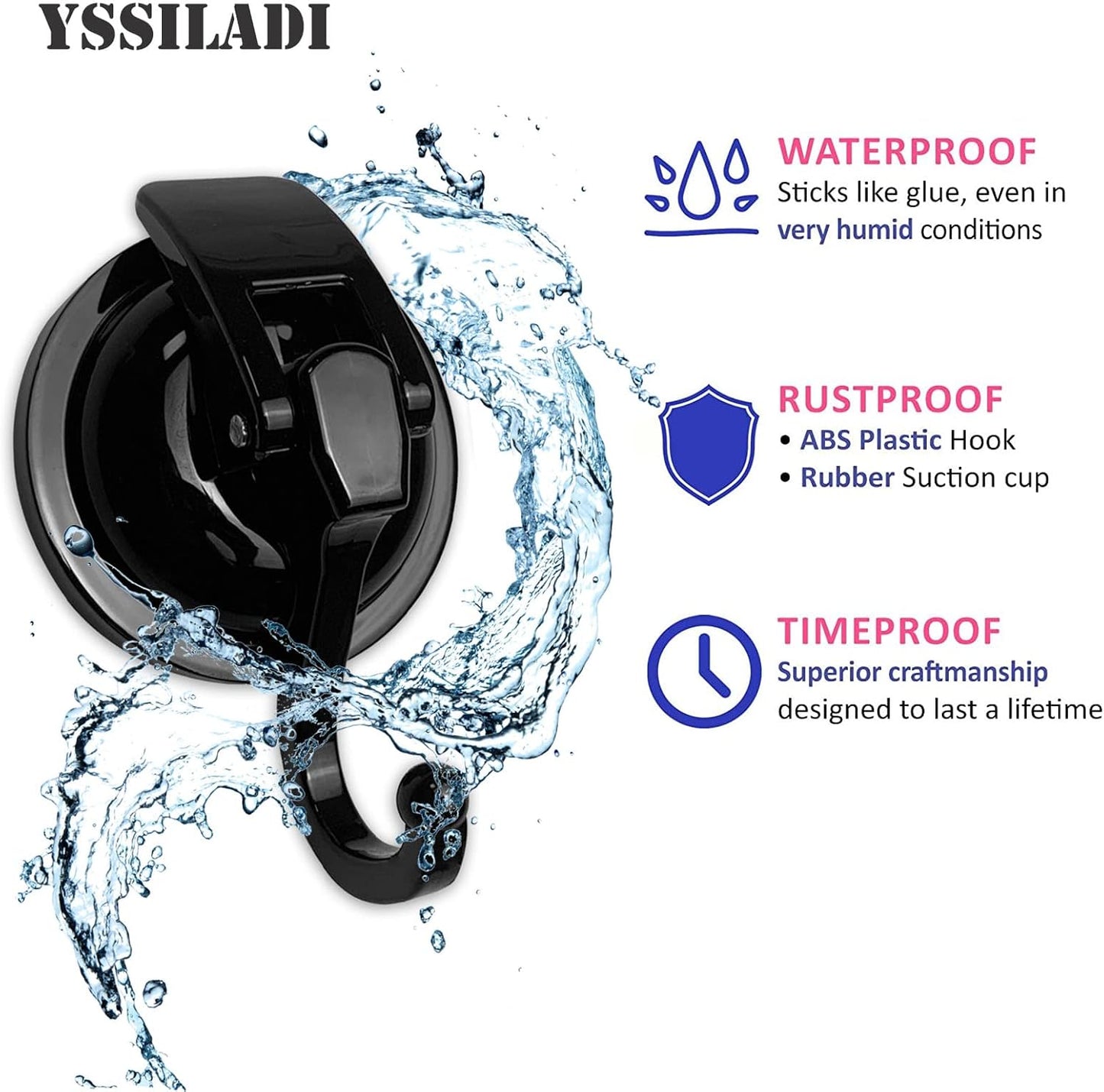 Heavy Duty Vacuum Shower Hooks - Glass Suction Cup Hooks, Reusable, No Hole Punched, for Bathroom Robe and Garland Decoration (Black, 2 Pack)