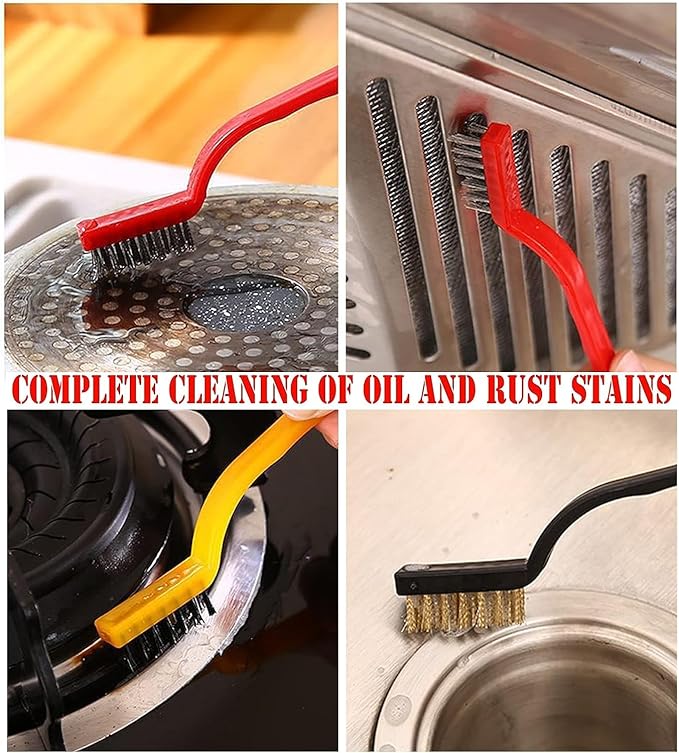 Katartizo 5Pcs Kitchen Stove Cleaning Brush + Scraper Tool Set, Heavy Duty Scraper for Gas Burners Cooktop Pot Pan Brass, Stainless Steel and Nylon Brush Head Brushes for Range Hood Grease Grime