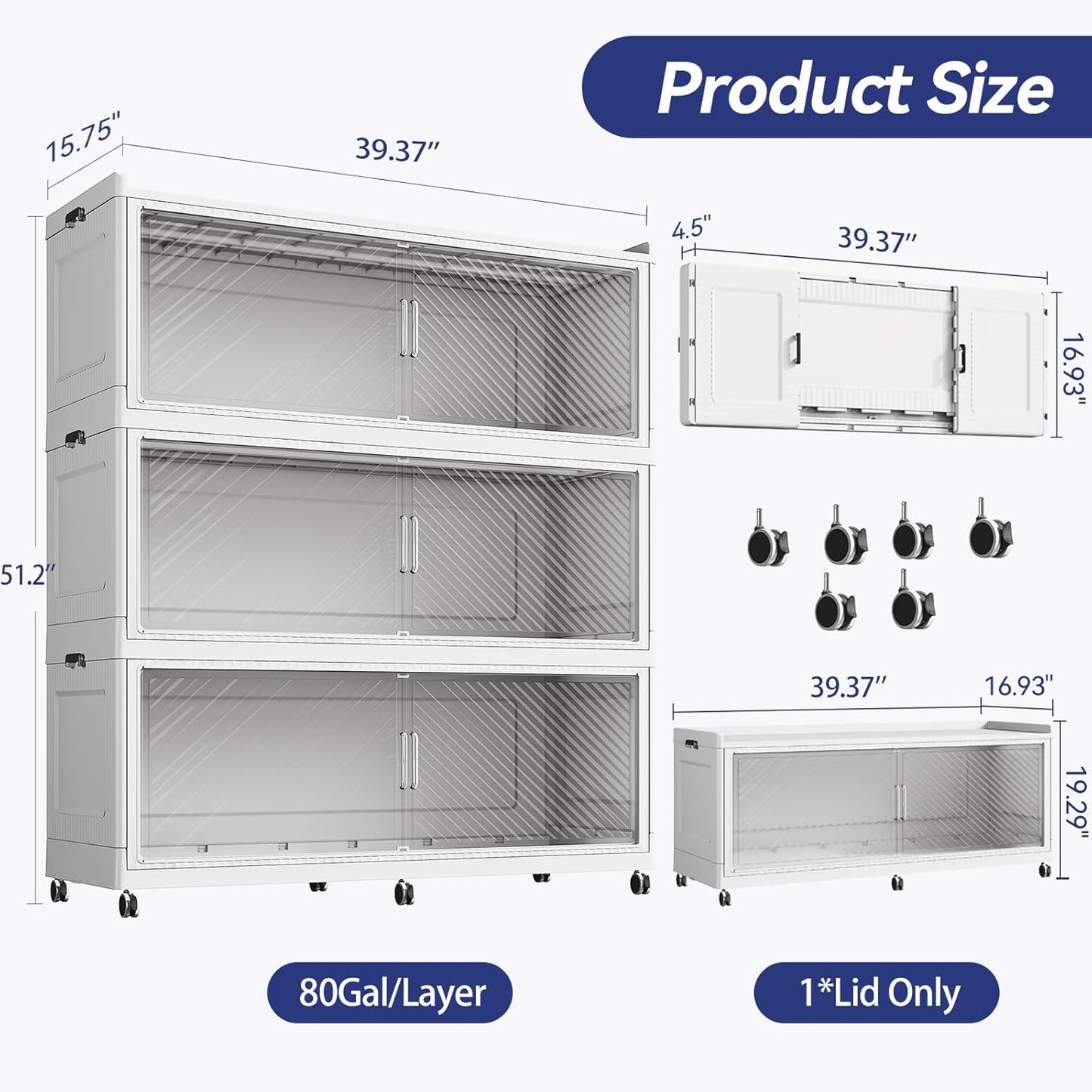 240 Gallon Extra Large Collapsible Storage Bin with Lid, 960QT Stackable Plastic Organizer with 6x Wheels, Foldable Drawer Cabinet for Closet, Living Room Office Dorm 3Pack, White