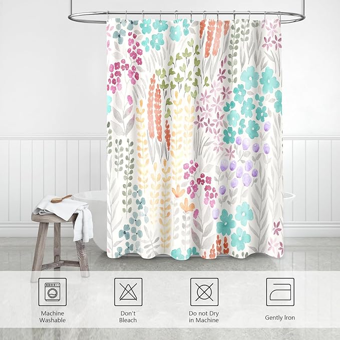 Small Stall Shower Curtain 36 x 72 Inch, Half Narrow Teal Blue Cute Floral Shower Curtain for Bathroom, Turquoise Wildflower Boho Cottagecore Fabric Shower Curtain Set with Hooks