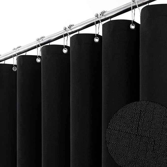 BTTN Black Fabric Shower Curtain - Linen Textured Heavy Duty Cloth Shower Curtain Set with 12 Plastic Hooks, Rust Resistant, Machine Washable, Simple Hotel Spa Luxury Bath Curtains for Bathroom, 72x72