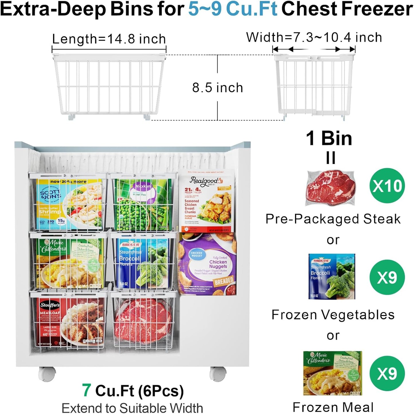 iSPECLE Freezer Organizer Bins - 3 Pack Adjustable Chest Freezer Organizer Bins for 5 to 9 Cu.Ft Deep Freezer, Extra Large & Easy Organize Basket Store More, Stackable No Wasted Space, White
