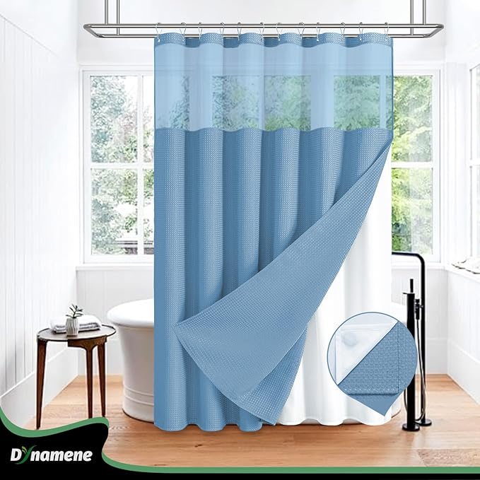 Dynamene Fabric Shower Curtain with Snap in Liner, Waffle Hotel Shower Curtains for Bathroom, Washable Waterproof Cloth Shower Curtain Liner Set with Hook, Mesh Top Window, 72x72, Moonlight Blue