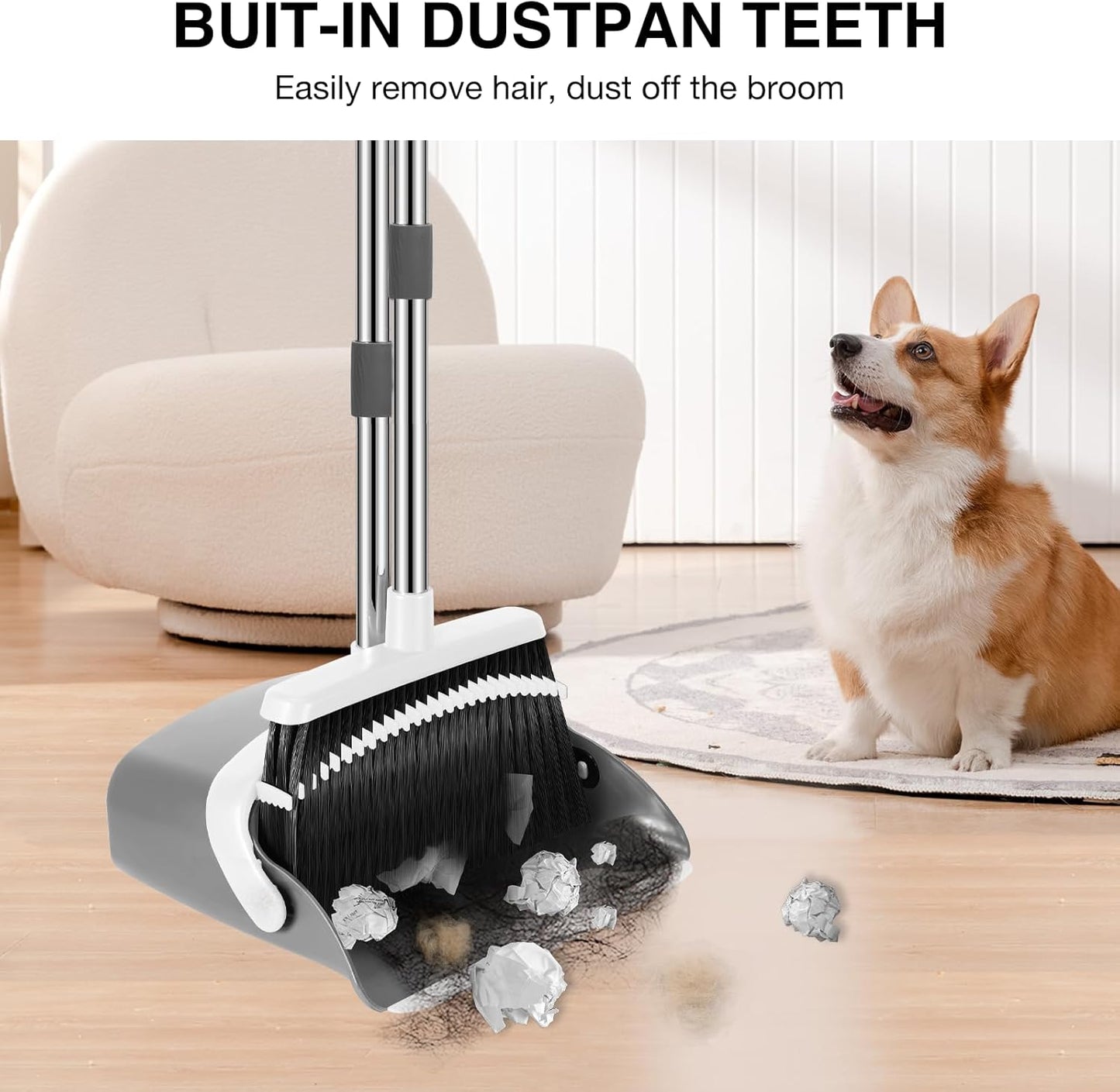 NACENA Broom and Dustpan Set, 52-in Long Adjustable Handle Broom Dustpan Combo with Dustpan Teeth to Automatically Clean Hair Suitable for Home Kitchen Office Hall Floor (Grey&White), 2 Pack