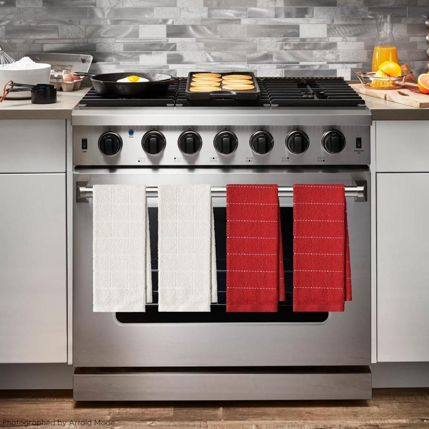 Artoid Mode Checkered Designed Cotton Beige Red Terry Kitchen Dish Towels, 15x25 Inch Soft Absorbent Quick Drying Cleaning Tea Towels Set of 4