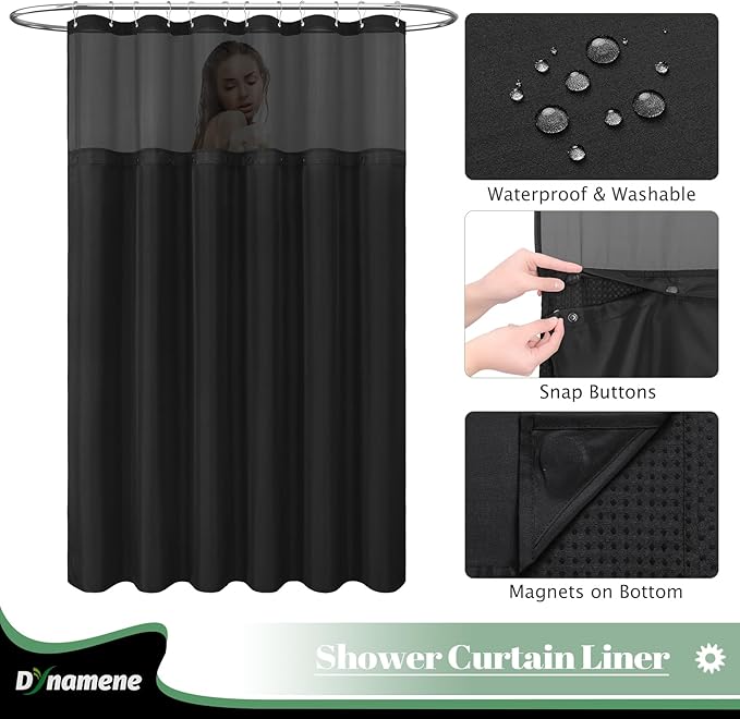 Dynamene 78 Inch Long Shower Curtain, Tall Waffle Fabric Shower Curtains for Bathroom, Hotel Waterproof Cloth Shower Curtain Liner Set with Hooks, Snap in Liner, Mesh Top Window, Black, 72x78