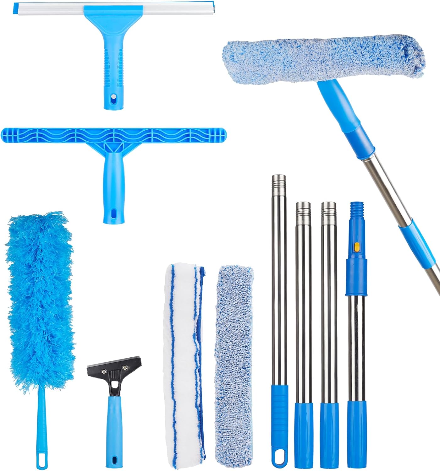 Window Squeegee Cleaner with 4 Stainless Steel Extension Poles,Long Reach to 58inch, Scrubber, Glass Scraper, Bendable Duster, 2 Scrubber Cloth for Window, Car, Professional Cleaning Kit