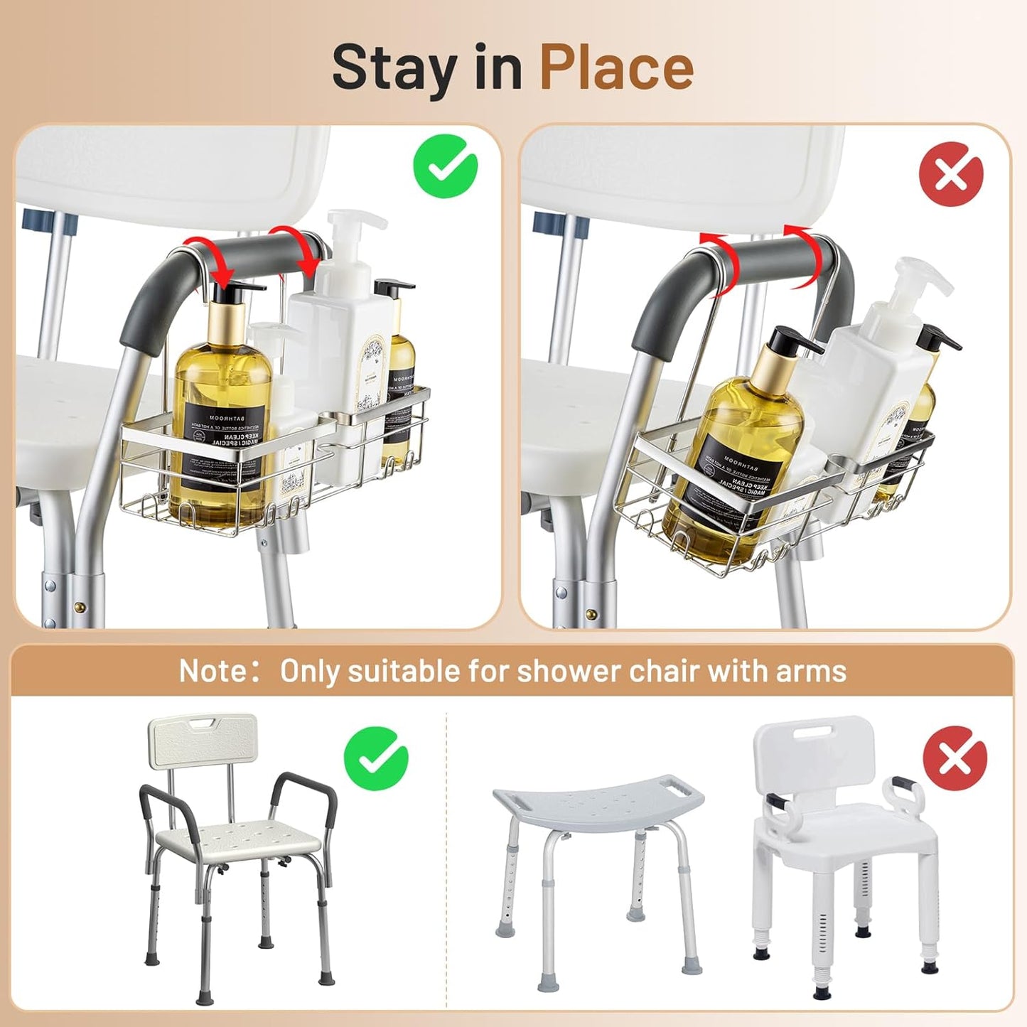 DELLAN Hanging Shower Caddy, Shower Rack with Hooks for Shower & Bath Chair, Bathroom Shower Basket for Elderly, Pregnant, Handicap, Patient