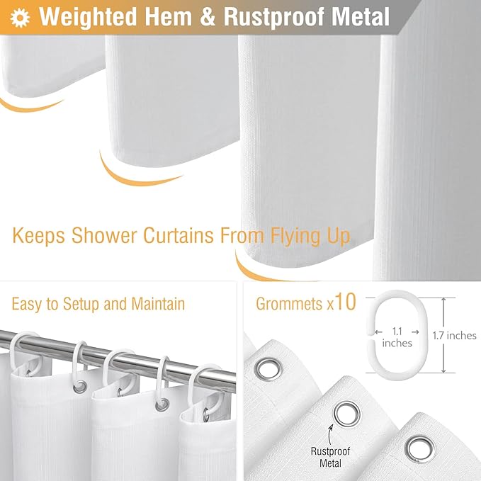 BTTN Fabric Shower Curtain, Linen Textured Heavy Duty Polyester Cloth Shower Curtain Set with Plastic Hooks, White, 54" W x 78" L (Pack of 1)