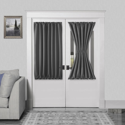 DWCN French Door Curtains – Rod Pocket Thermal Blackout Curtain for Doors with Glass Window, Kitchen and Patio Doors for Privacy, 54 X 40 Inch Length, 1 Curtain Panel with Tieback, Dark Grey