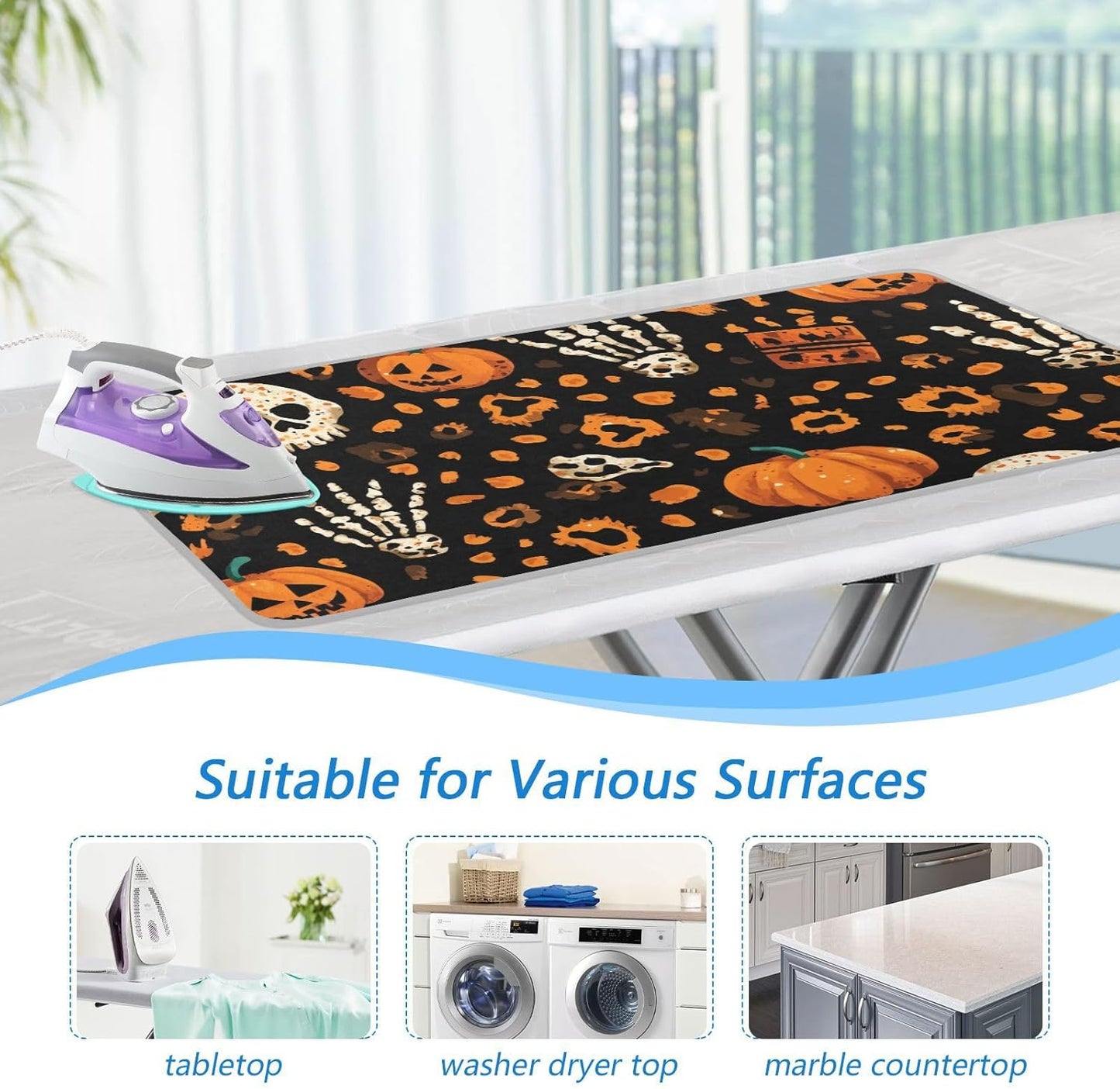 Ironing Mat Portable Ironing Pad Ironing Blanket for Table Top Heat Resistance Double-Side Using Travel Large 47.2 x 27.6 Inch Foldable Halloween Leopard Pumpkin Skull Brown