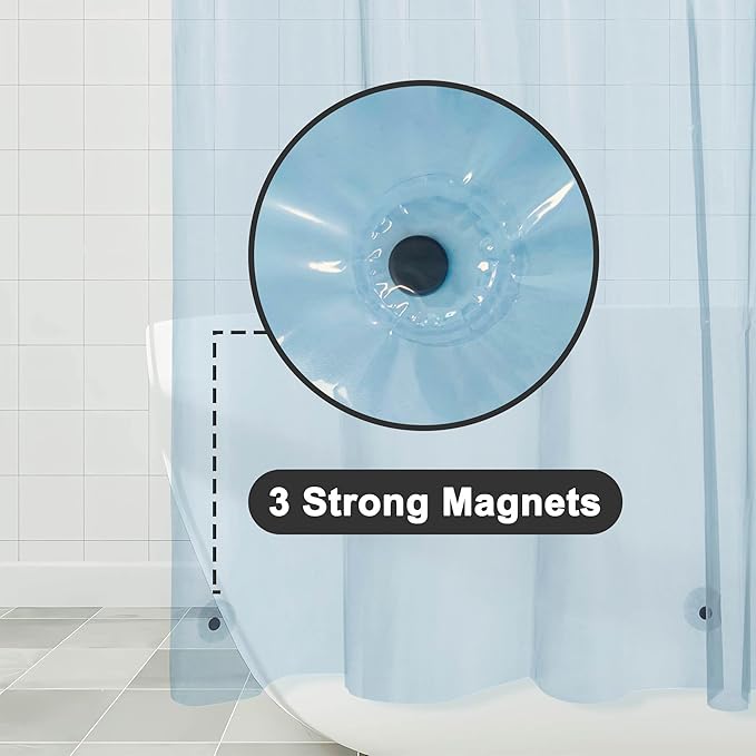 Barossa Design Extra Long Clear Blue Shower Curtain Liner with 3 Magnets - 72" x 84" XL, Waterproof PEVA Lightweight Shower Liner for Bathroom, PVC Free, Metal Grommets - Clear Blue, 72x84