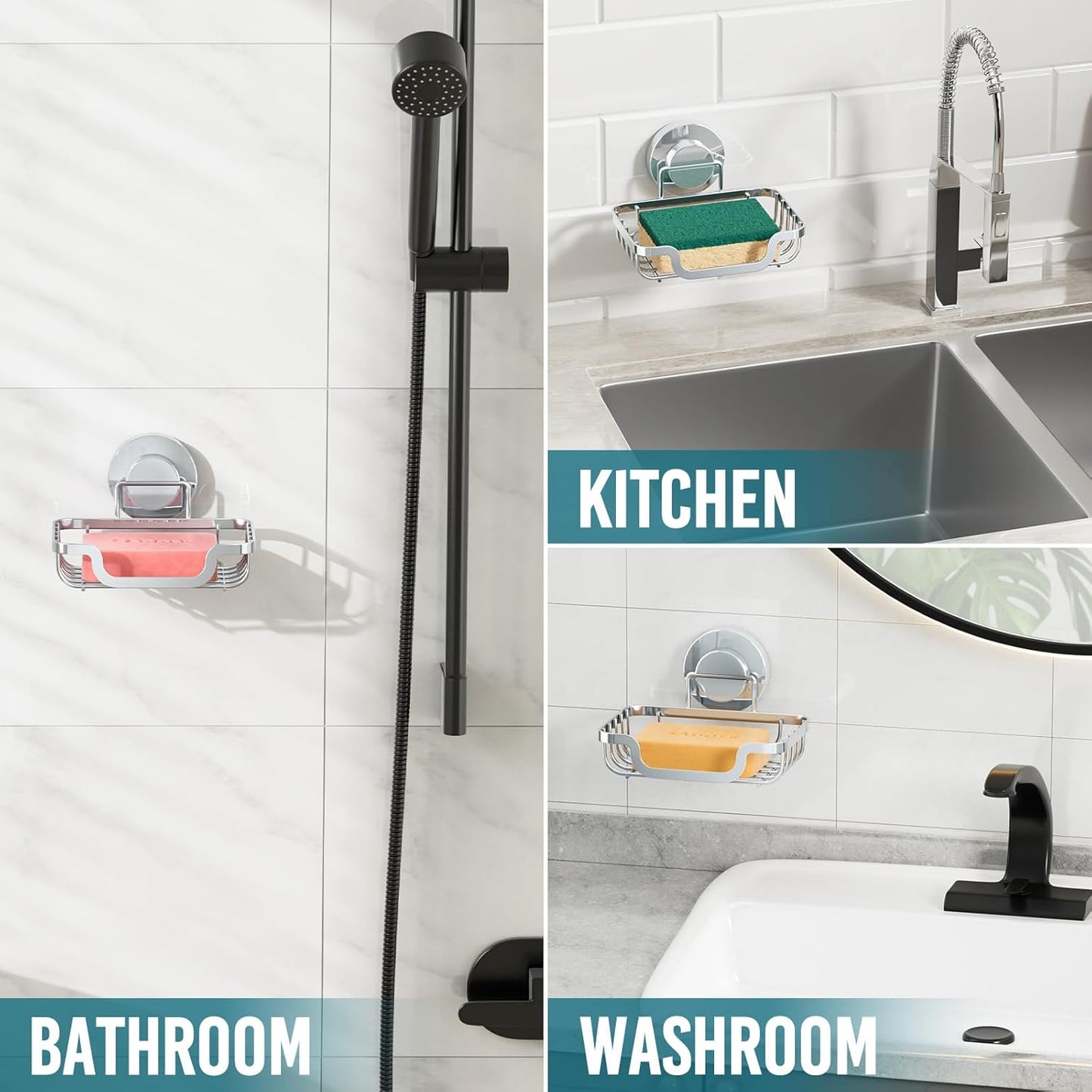 TAILI Soap Holder Bar Dish Suction Cup, Bar Shampoo Rack for Shower Wall, Draining Soap Saver Tray for Bathroom, Rustproof Stainless Steel Sponge Holder for Tub, Kitchen, Drill-Free, Silver