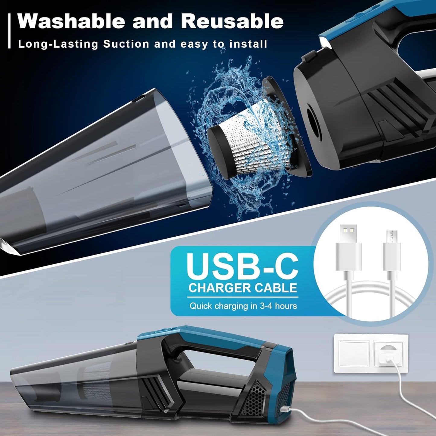 Cordless Car Vacuum Lightweight High Power Handheld Vacuum Cleaner with LED Light, Hand Vacuum for Car Home Office and Pet Hair, BlackBlue