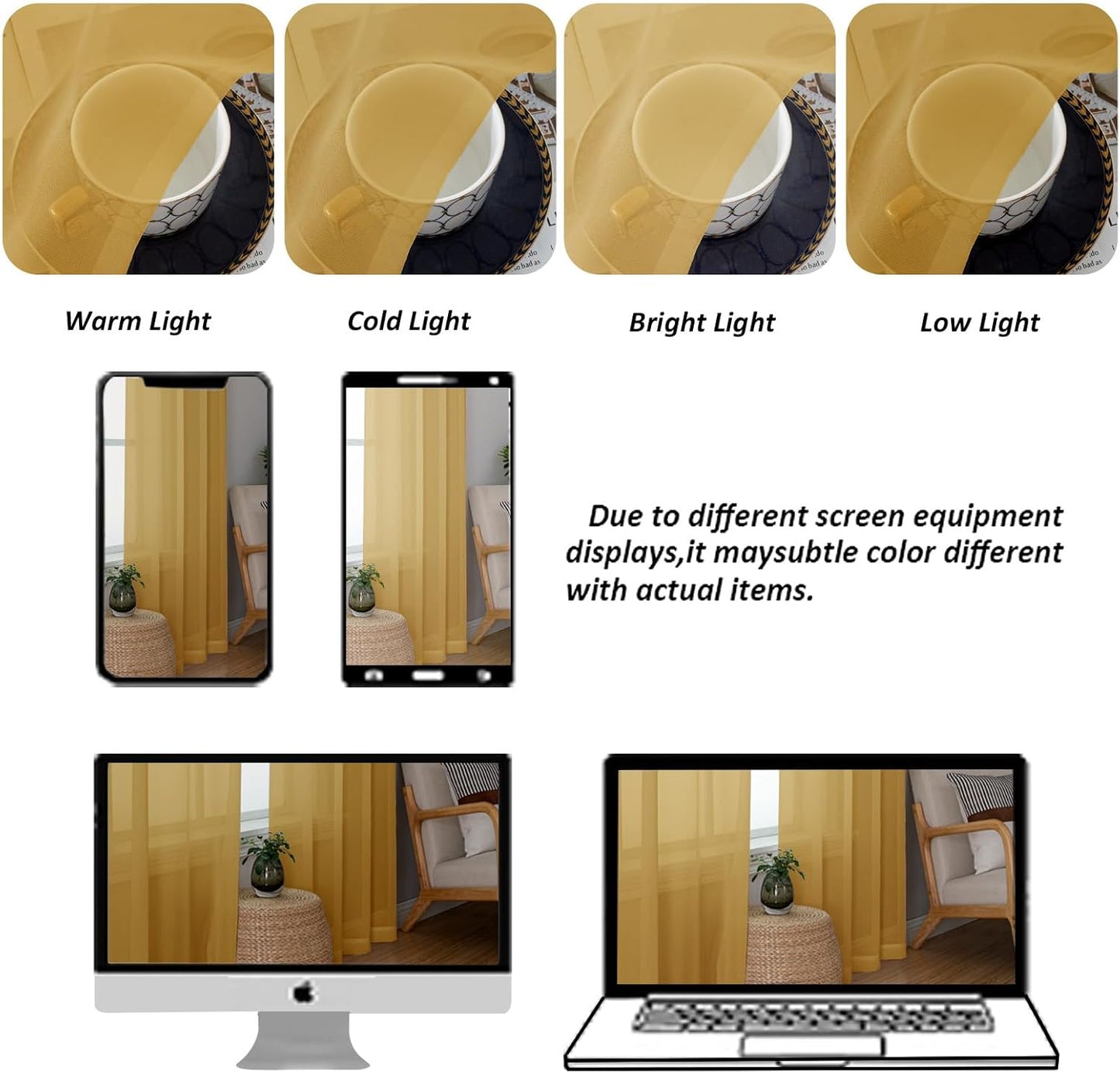 Chyhomenyc Gold Sheer Curtains 84 inches Long 2 Panels Set - Light Filtering Curtains for Living Room, Soft Gentle Voile Rod Pocket Bedroom Window Drapes, 42Wx84L Inch, 2PCS