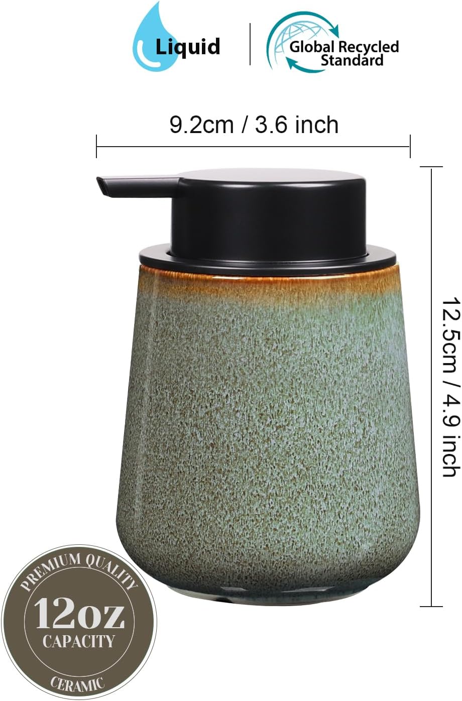 INGOFIN Ceramic Lotion Dispenser - 12 oz Refillable Hand Soap Dispenser Bathroom, Modern Liquid Dispenser with Pump, Dish Soap Dispenser for Kitchen,Kiln-Glazed Green