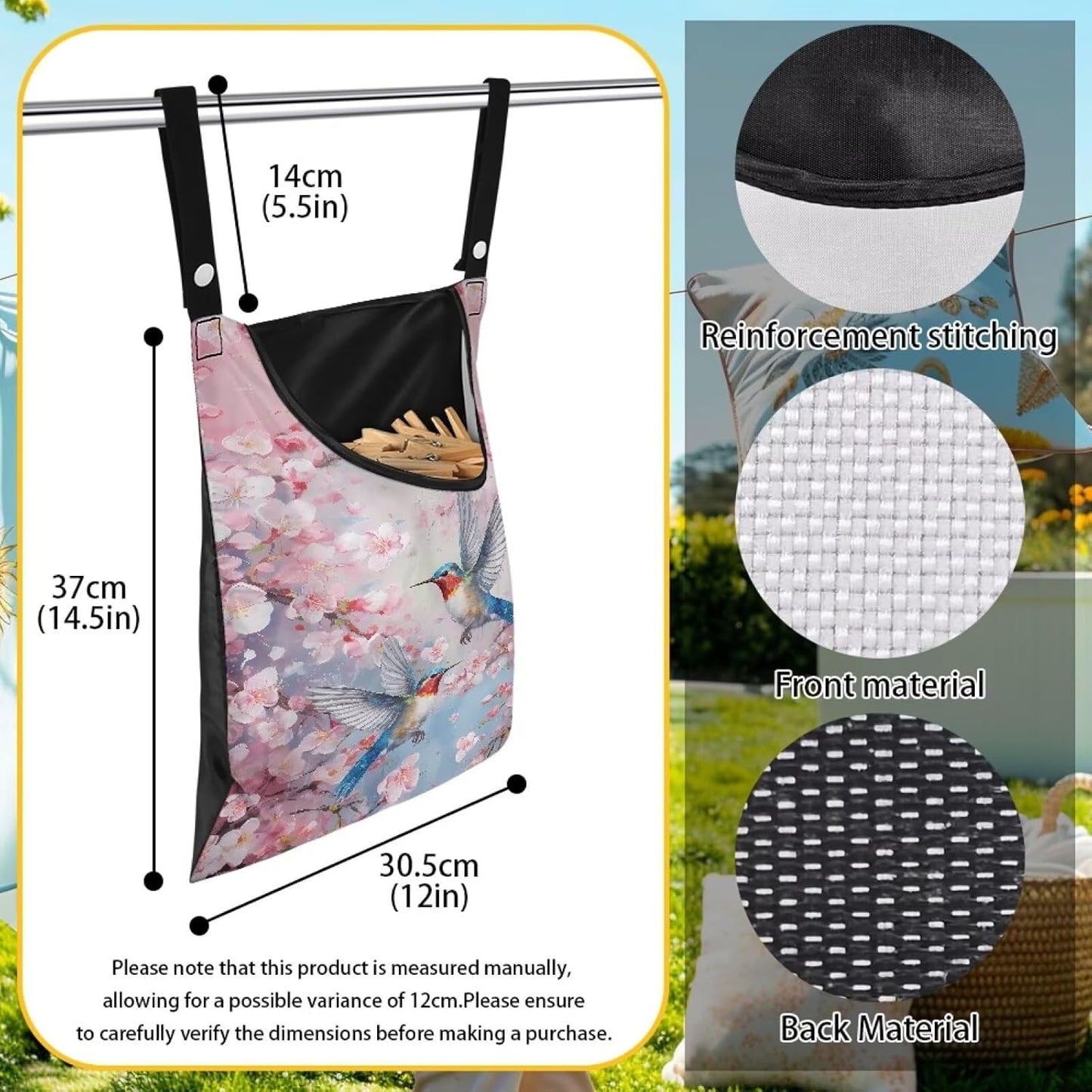Pin Bag, Hummingbird Print Clothes Pin Hanging Bag Clothespin Storage Organizer with Large Opening Storage Organizer Space-Saving Laundry Hanging Bag