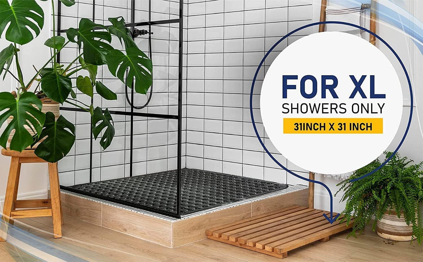 ENKOSI Extra Large Square Non Slip Shower Mat - 31 x 31-inch XL Bathroom Shower Mat - Square Shower Matts for Shower Stall Floors | Secure Suction Cups and Drain Holes (31x31 Pearl White)