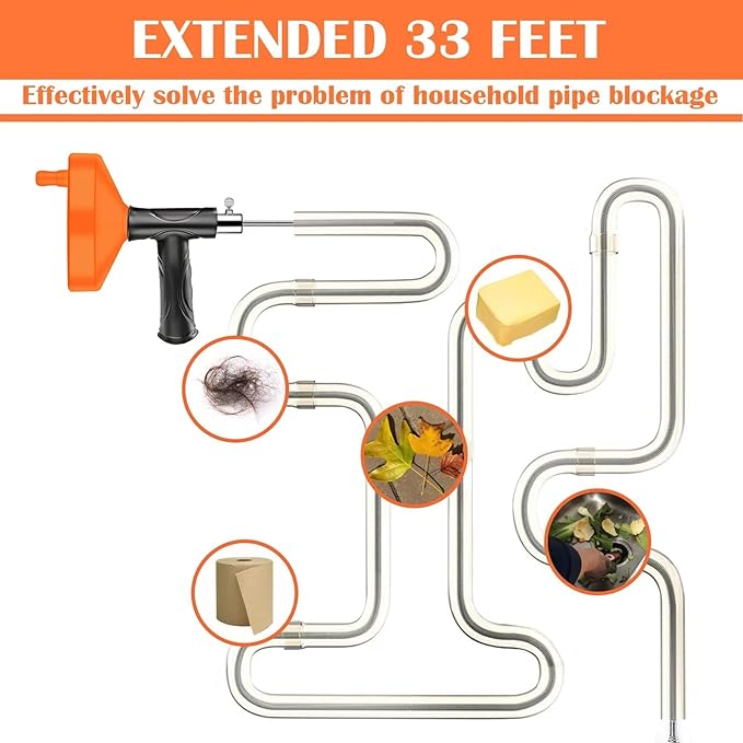 Drain Auger 33 Feet, Plumbing Snake Hair Clog Removal Tool, Heavy Duty Toilet Auger, Clog Remover Tool for Bathroom Kitchen Tub Shower Drain Clog Remover with Gloves, Orange