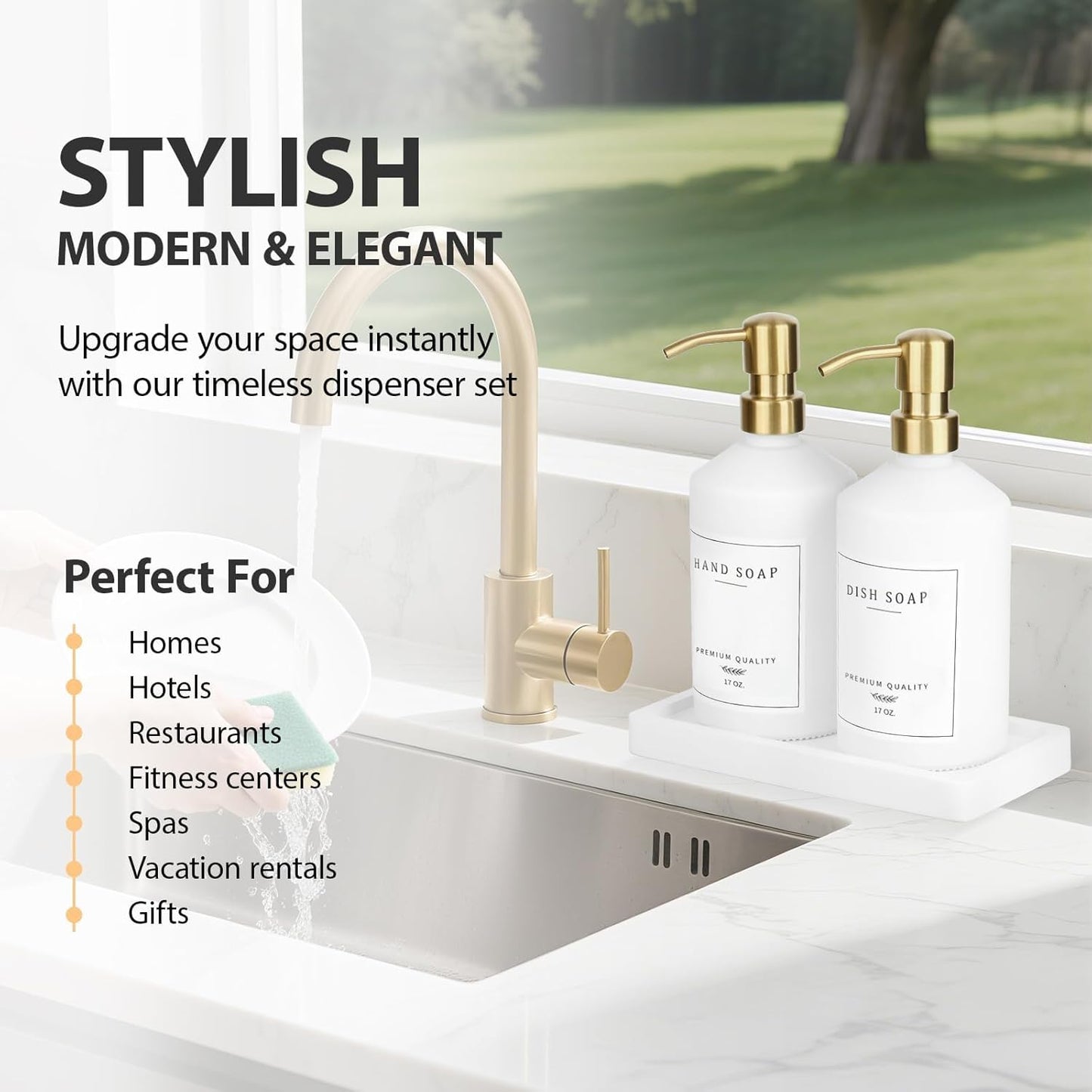 Gold Soap Dispenser Set, Glass Hand and Dish Soap Dispenser Set with Tray,Stainless Pump,14 Stickers for Kitchen Sink,Bathroom Soap and Lotion Dispenser,Modern Counter Decor (White Bottle/Gold Pump)